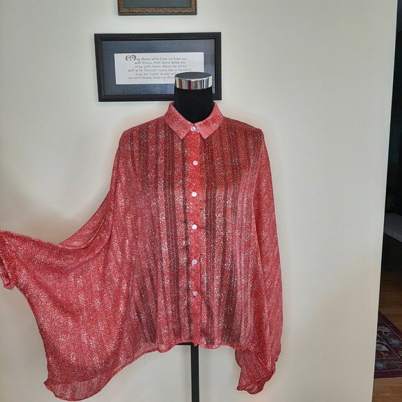 Bucket List Lightweight Button Down Batwing Blouse - Picture 1 of 10
